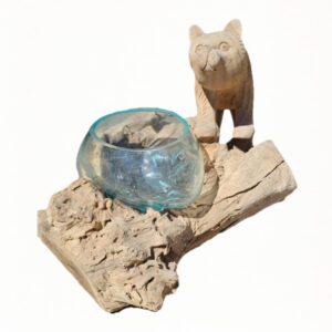 Dekoratives Wurzelholzobjekt mit Glasschale und stilisierter Bären-Figur, Ø 13 cm