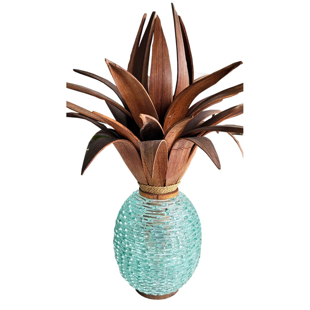 Manas Tischlampe: Ananas aus Glas mit Palmblatt-Krone, 75 cm Höhe